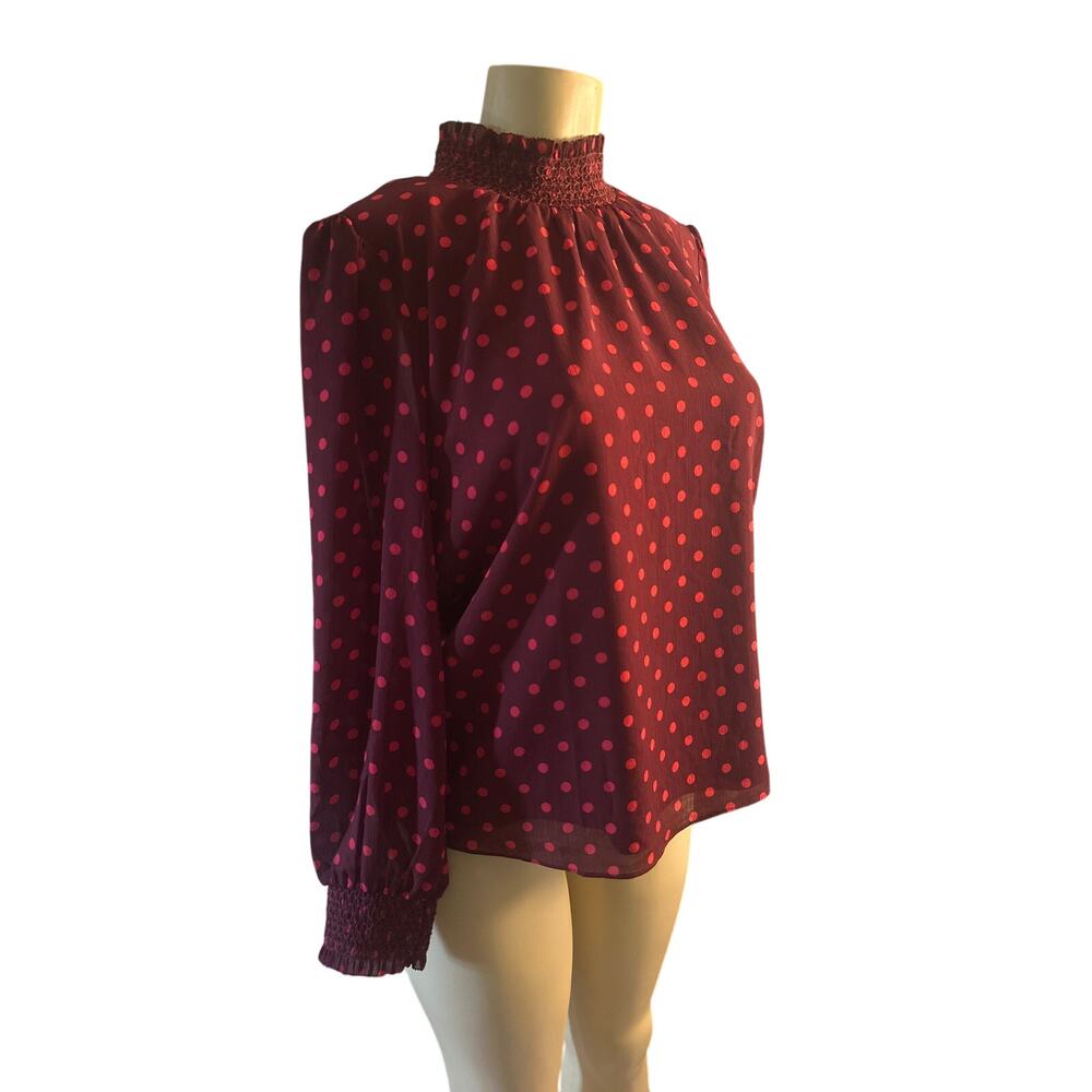 Women M J.Crew J. Crew AC669 Smocked Dot Crinkle Chiffon Top Purple Pink Polka